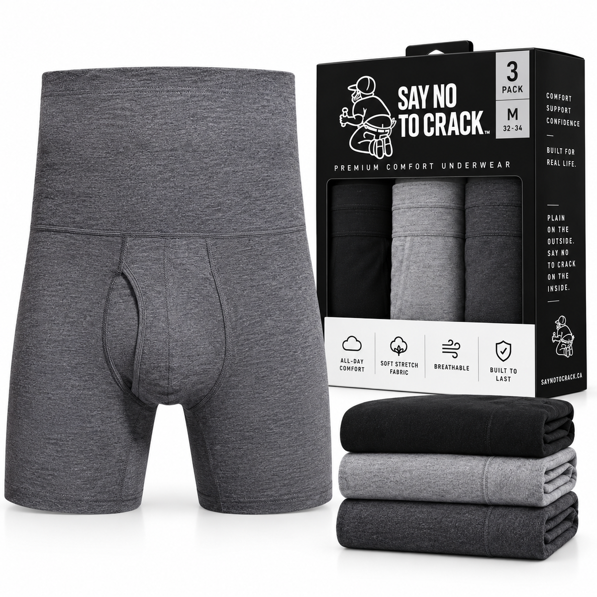 No Crack Co. high-rise boxer briefs 3-pack in black, charcoal and heather grey