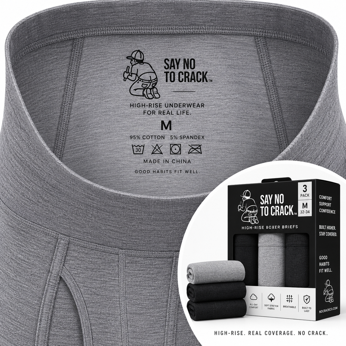 Interior of No Crack Co. high-rise boxer briefs with discreet Say No to Crack branding