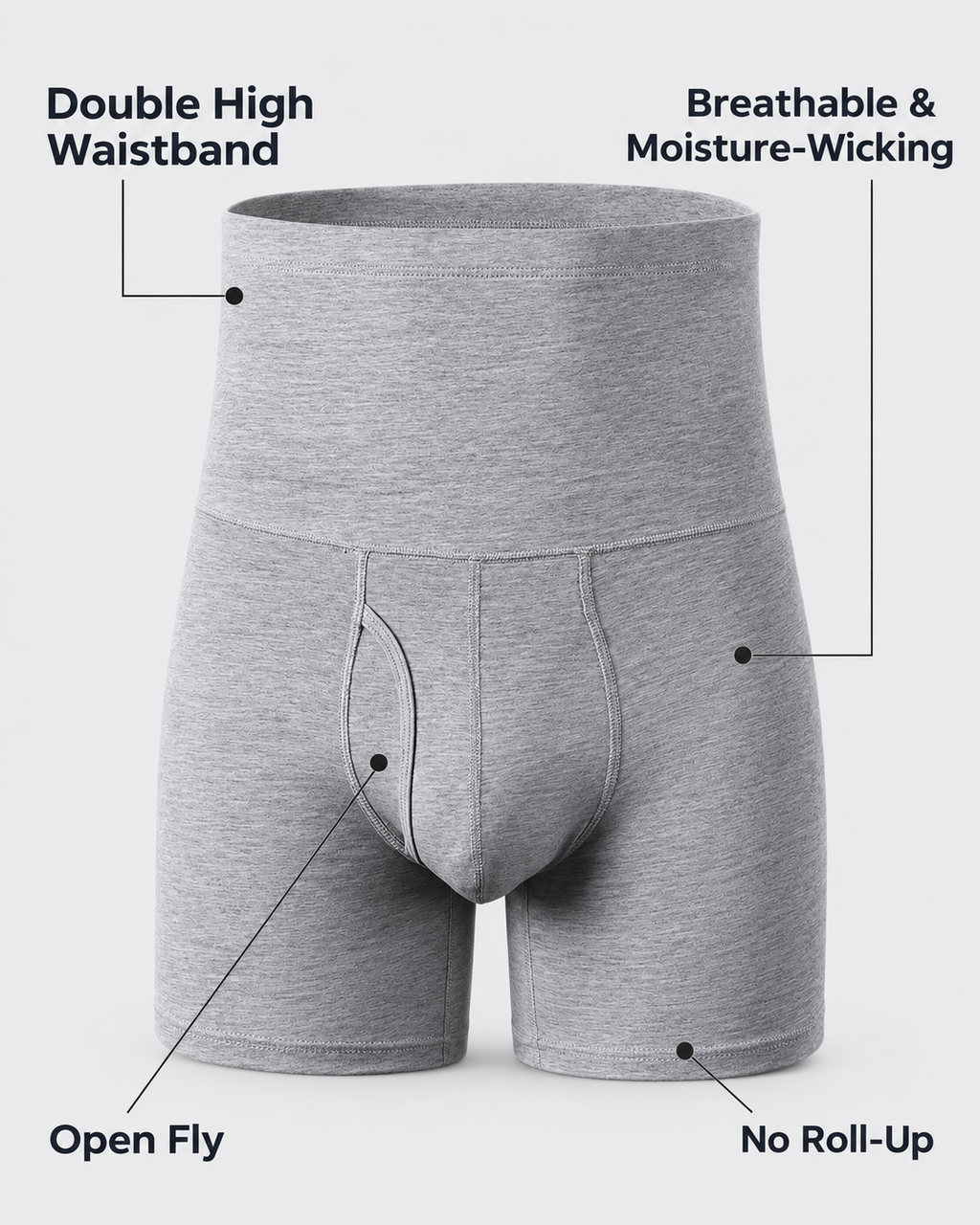 High-rise boxer brief features including double high waistband, open fly and no roll-up