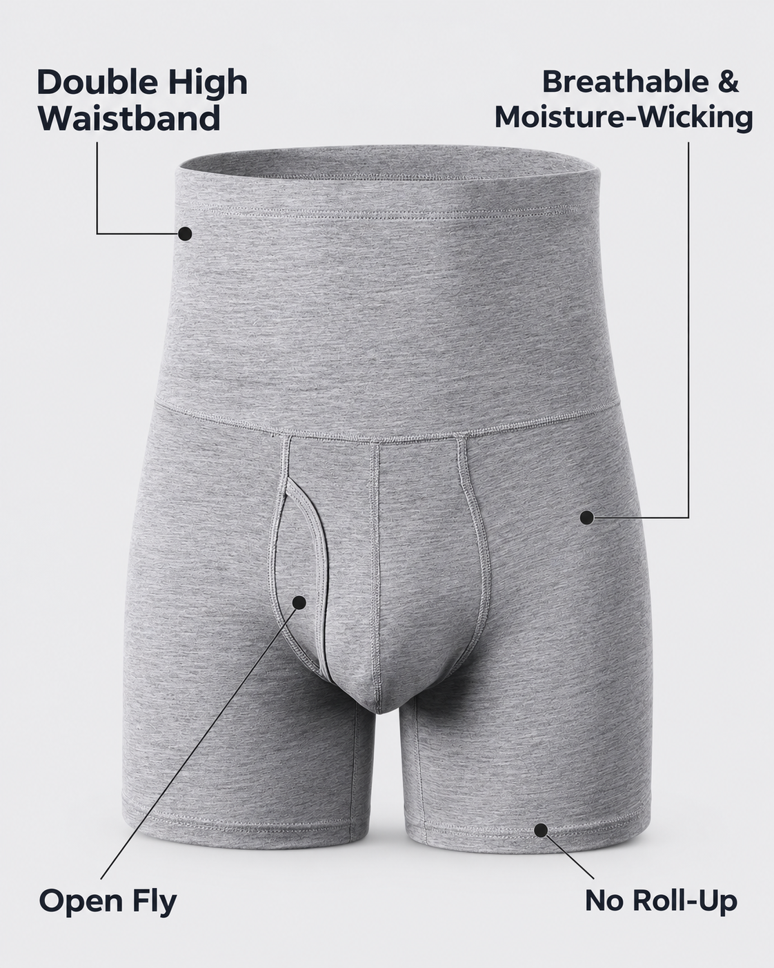 High-rise boxer brief features including double high waistband, open fly and no roll-up