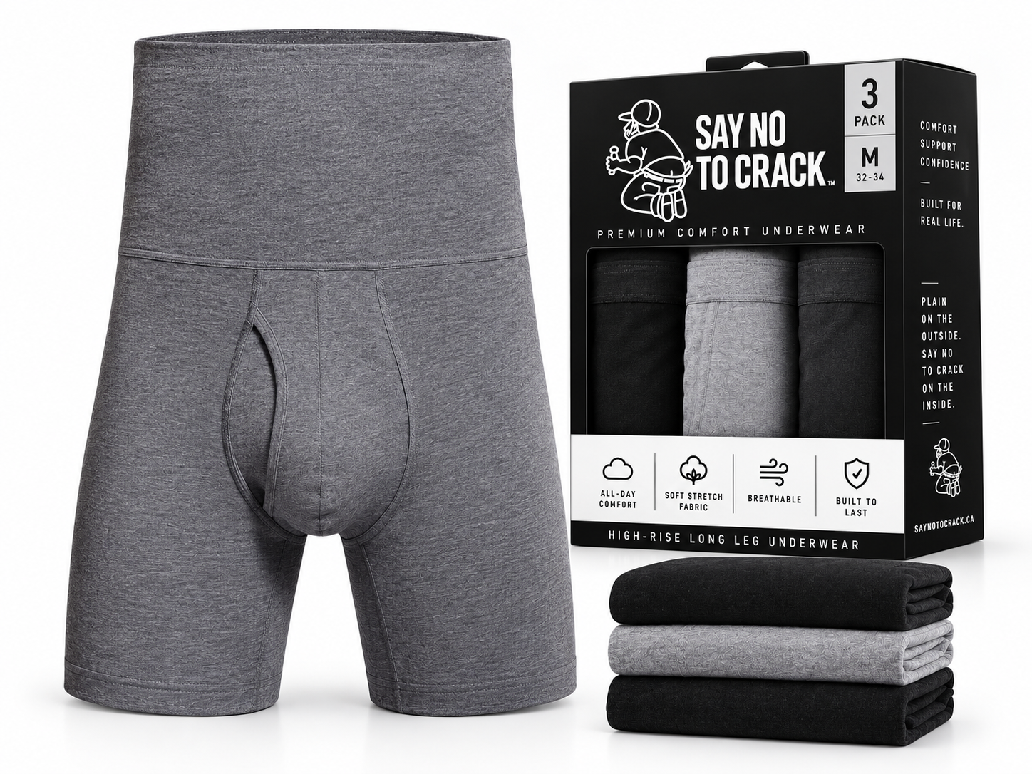 Say No to Crack high-waisted boxer briefs and 3-pack packaging